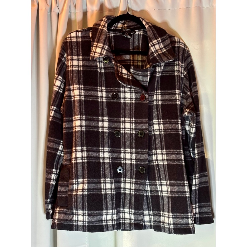 Avalanche Womens 2XL Black White Plaid Fleece Double Breasted Shirt Jacket